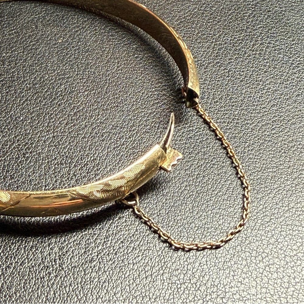 Vintage Sterling Silver Vermeil Etched Bangle Bracelet PAJ Safety Chain 6 3/4" - Picture 6 of 10